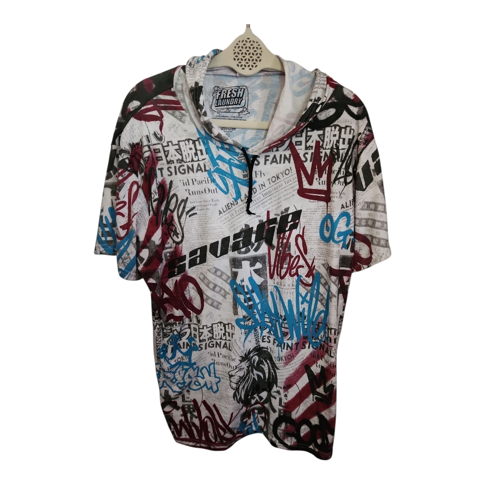 Fresh Laundry Short Sleeve Graffiti Hoodie Red and Blue .